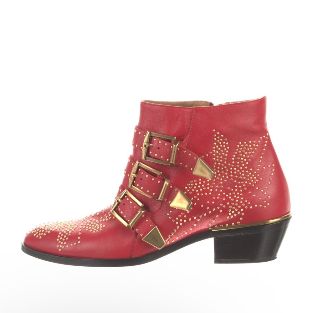 Chloe Susanna red leather gold studded ankle boots 7/7.5